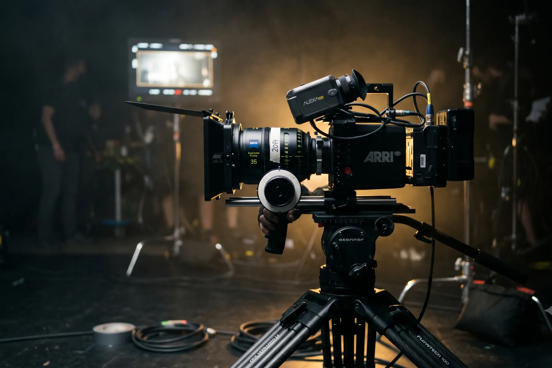 Camera operator adjusting a cinema lens on a night set under golden light: Lente Binaria's audiovisual production phase